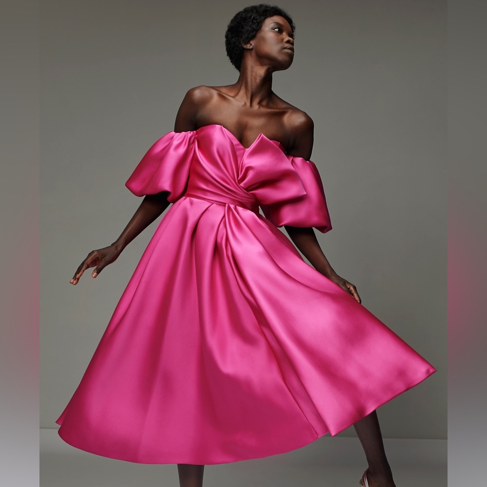 J. Mendel Off-The-Shoulder Silk Bow Cocktail Midi Dress in Pink